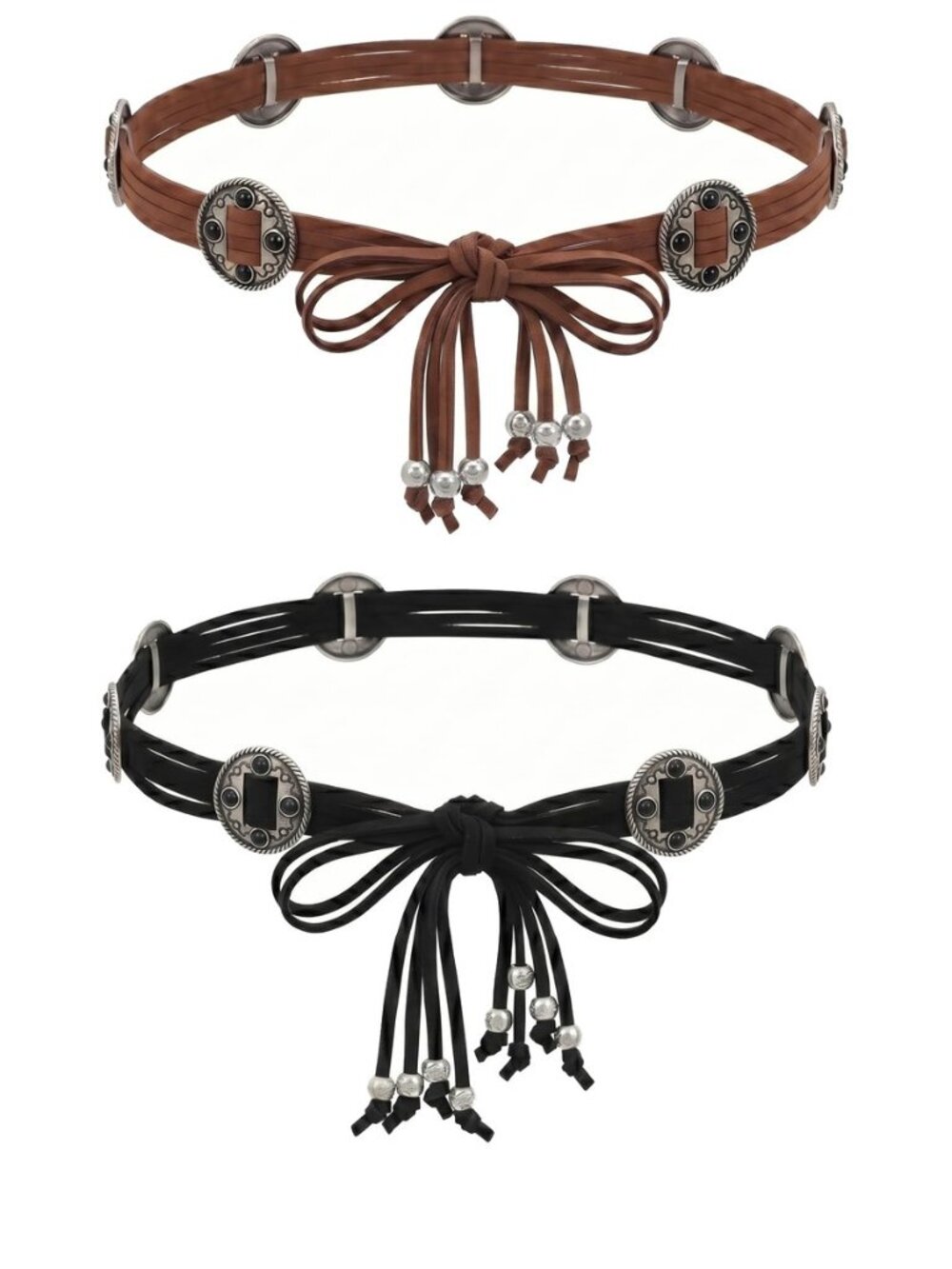 Women's Boho Waist Belt 2-Pack Vintage Western Concho Belt PU Leather Tassel